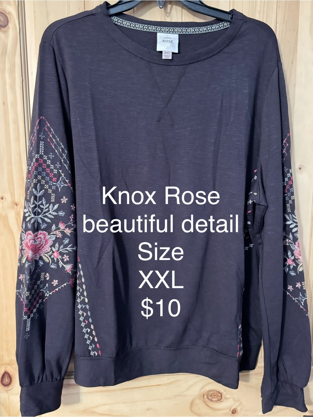 Knox Rose Black Crewneck Sweatshirt with Pink & Cream Floral Sleeve Embroidery
